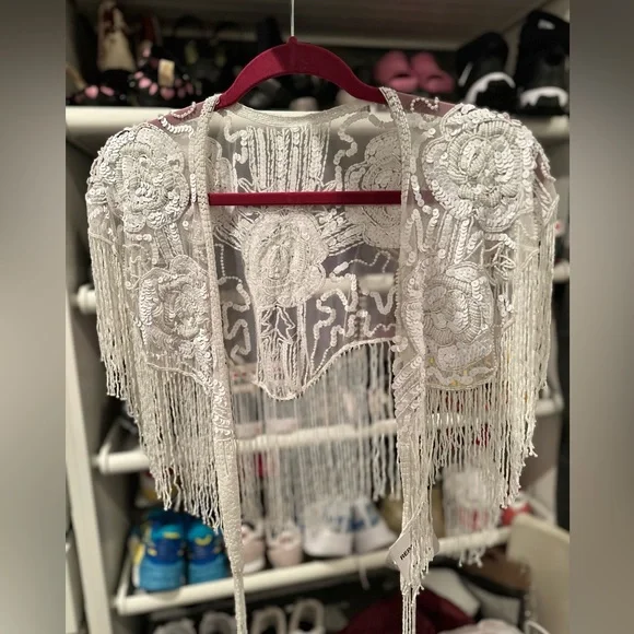 White Rose Sequin Glass Beaded/ Sequin FULL Wrap Chiffon Collar Shoulder Shawl - Picture 4 of 9